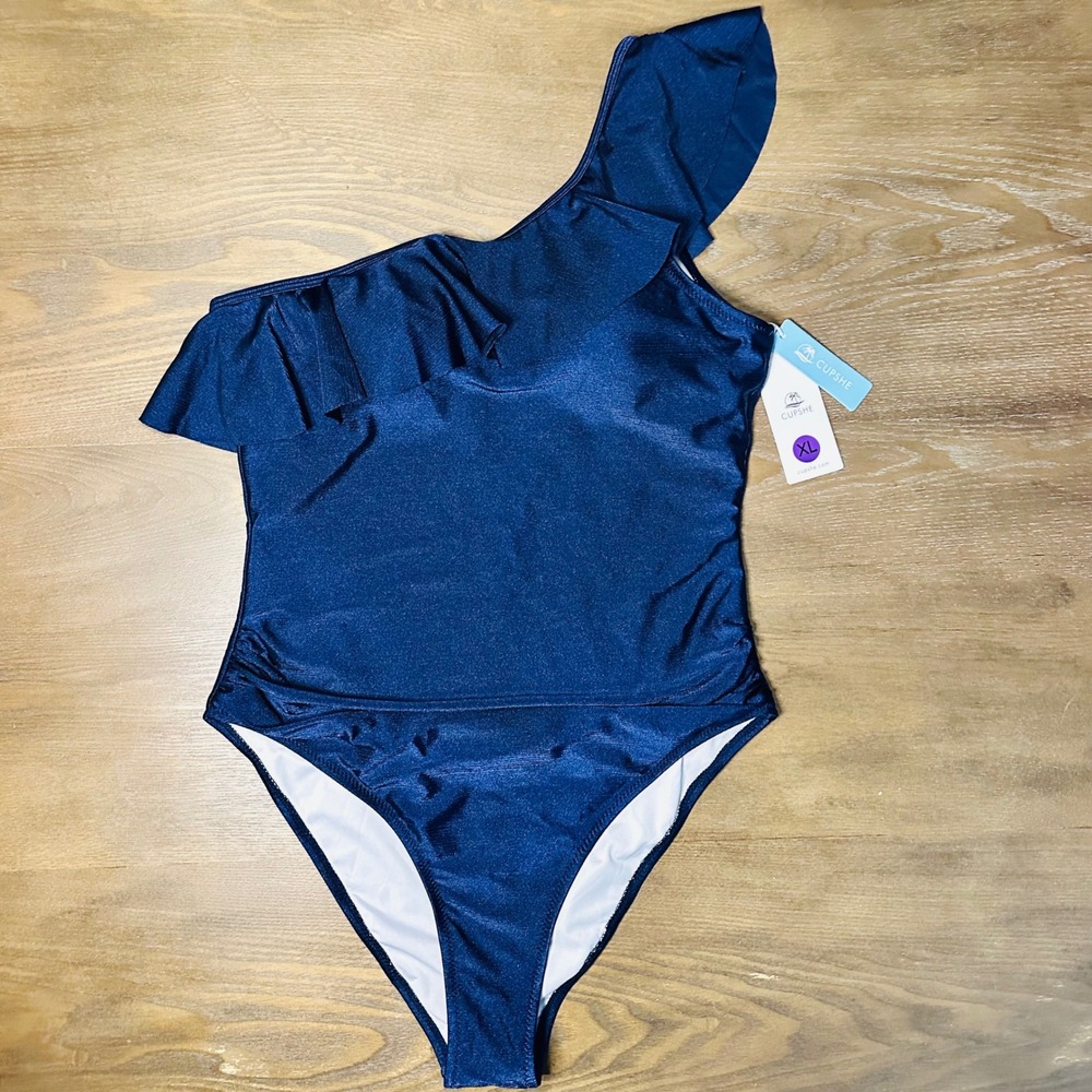 Swimsuit‎ XL One Shoulder Ruffle One Piece Swimsuit Navy Blue XL BNWT